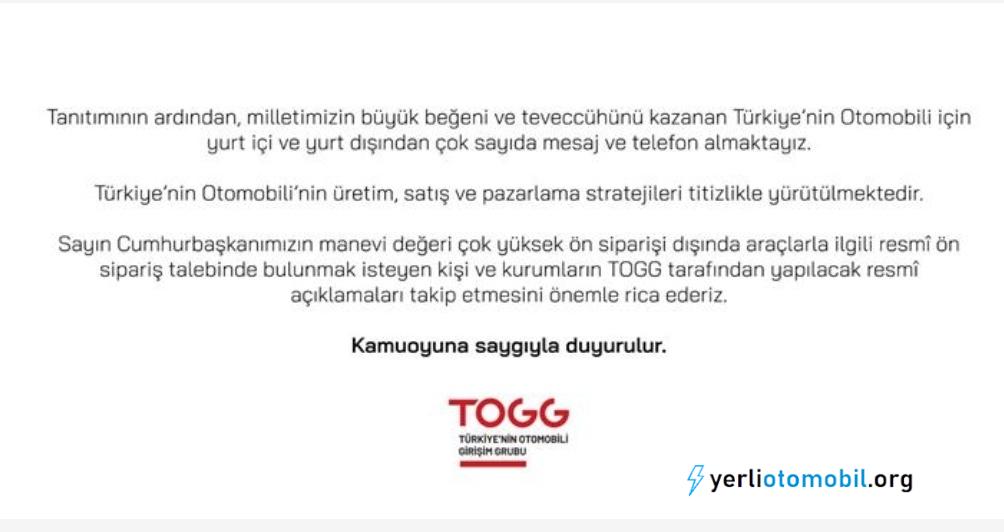 TOGG'dan ön sipariş açıklaması